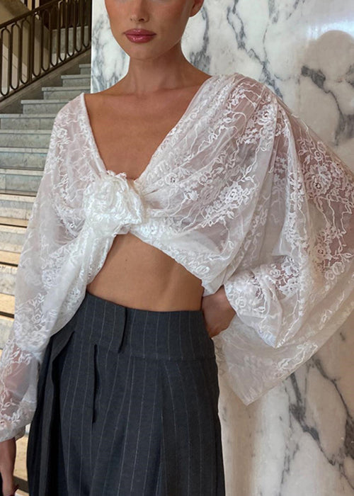 White V Neck Lace Top Spring
