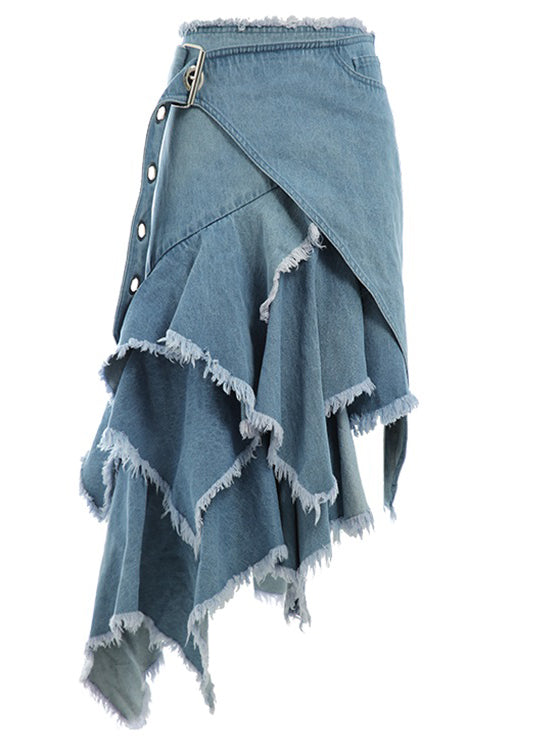 Blue Asymmetrical High Waist Patchwork Denim Skirt Fall