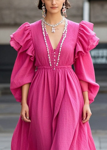 Rose Ruffled Nail Bead Cotton Party Dress Fall