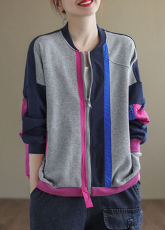 Loose Rose Zippered Patchwork Pockets Spring Long Sleeve Coat