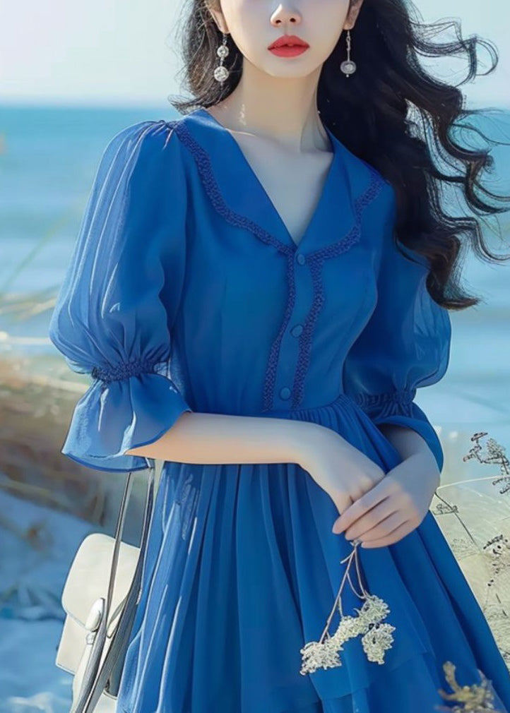 Blue Peter Pan Collar Button Chiffon Dress Flare Sleeve