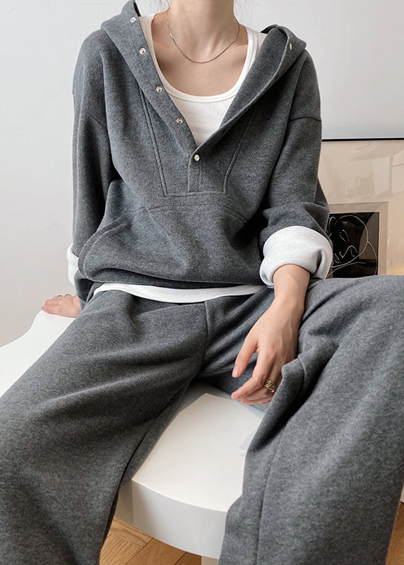 Loose Grey Hooded Tops and Pants Cotton Two Pieces Set Fall