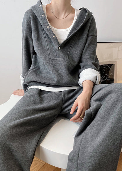 Loose Grey Hooded Tops and Pants Cotton Two Pieces Set Fall