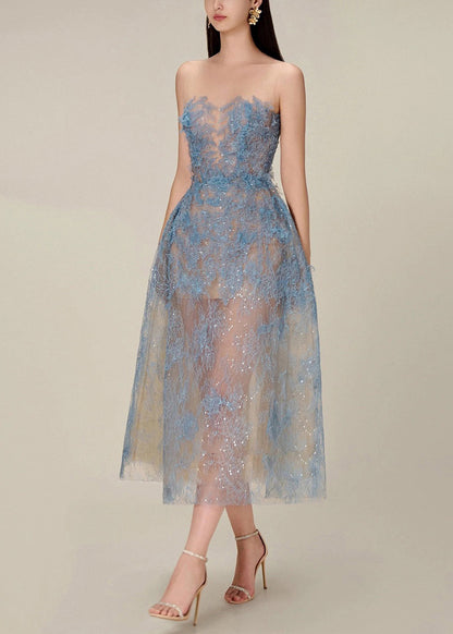 French Blue Zippered Lace Sequins Tulle Long Dress Sleeveless