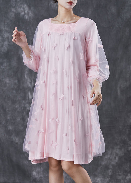 Pink Bow Square Collar Tulle Maxi Dresses Spring
