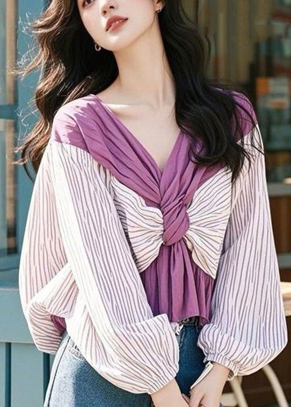Colorblock V Neck Striped Wrinkled Shirt Puff Sleeve