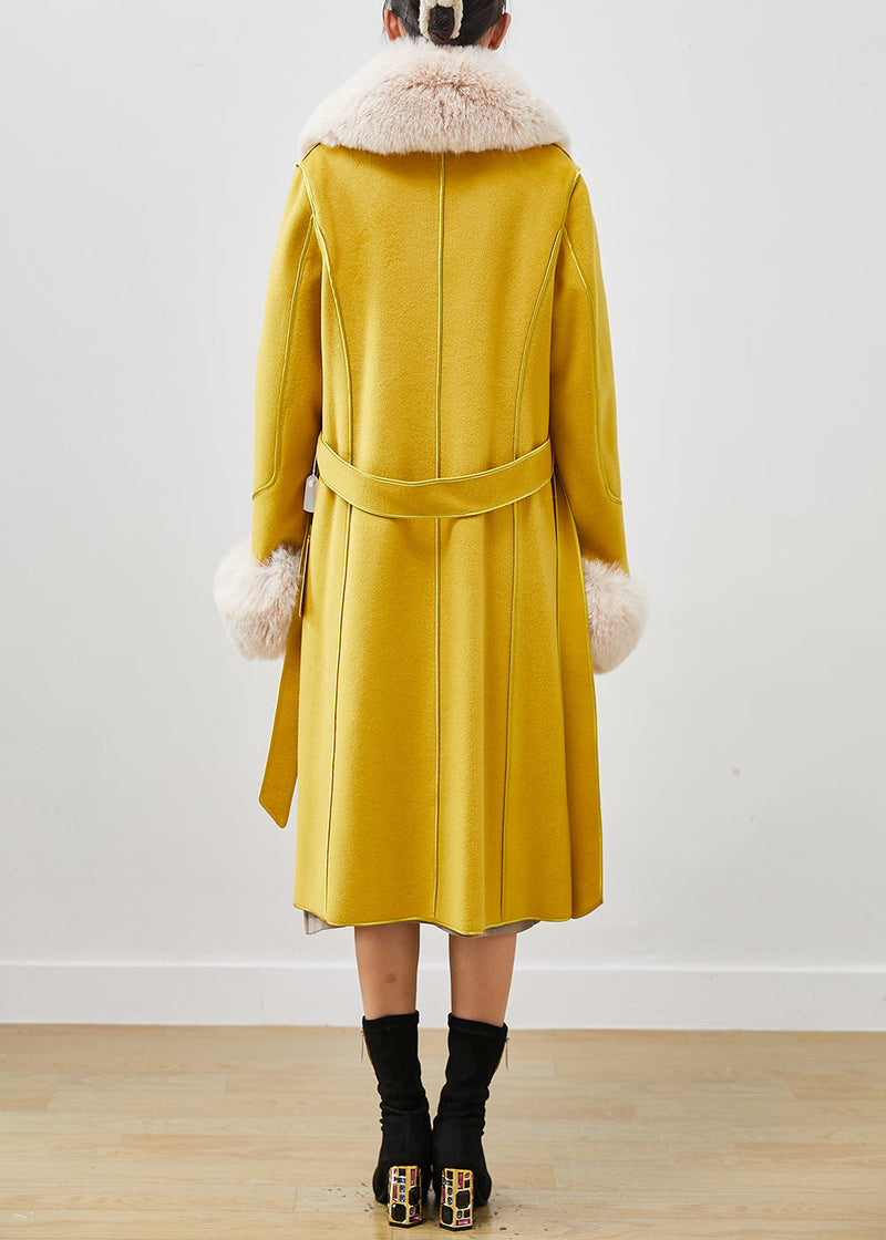 Stylish Yellow Fur Collar Tie Waist Woolen Coats Fall