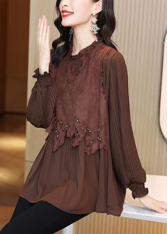 French Coffee Ruffled Patchwork Shirt Butterfly Sleeve Fall