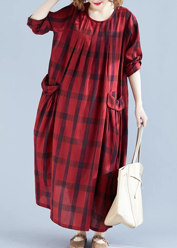 Vivid Red Plaid Tunics for O Neck Pockets Art Spring Dress