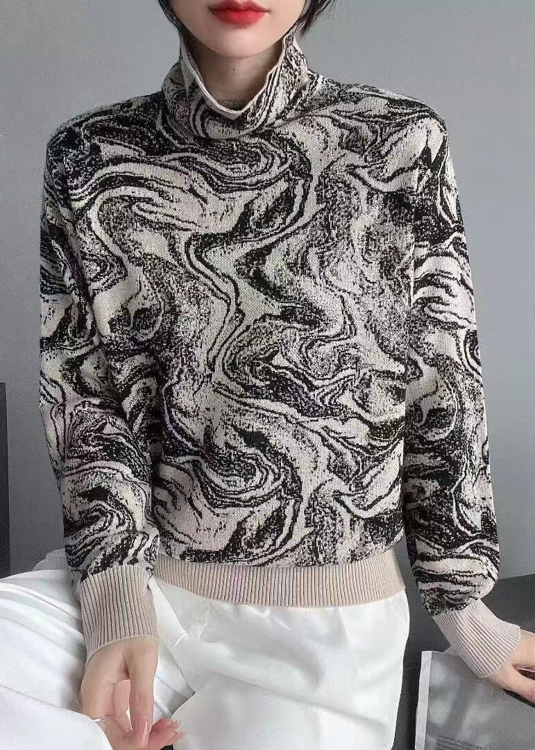 Black Tie Dye Turtleneck Knit Sweaters Long Sleeve