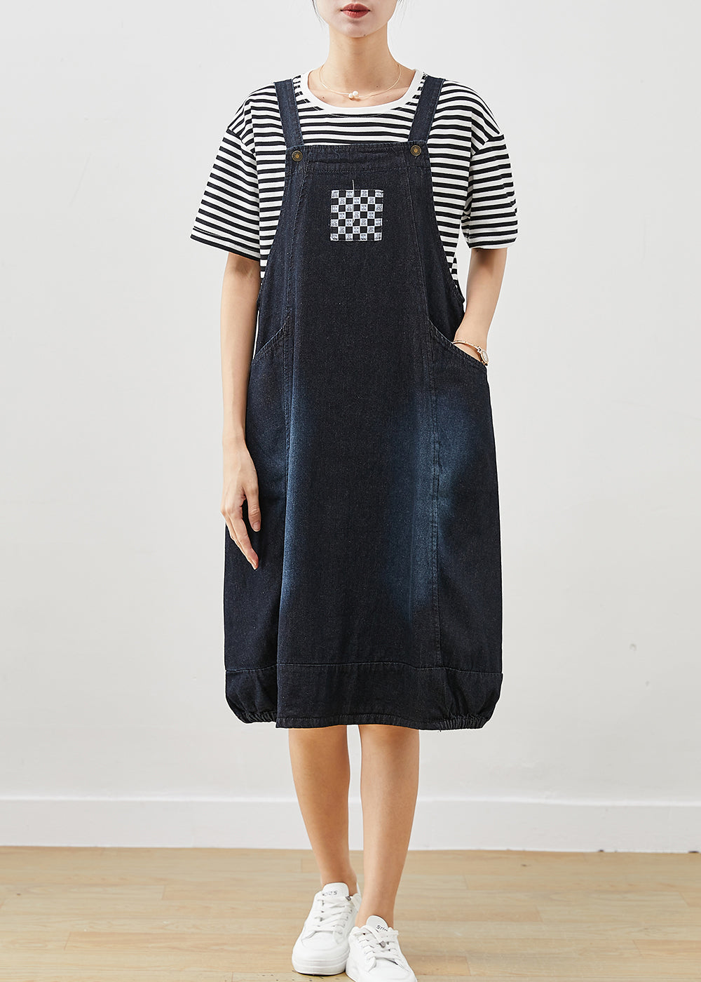 Navy Oversized Striped Cotton Two Pieces Set Summer