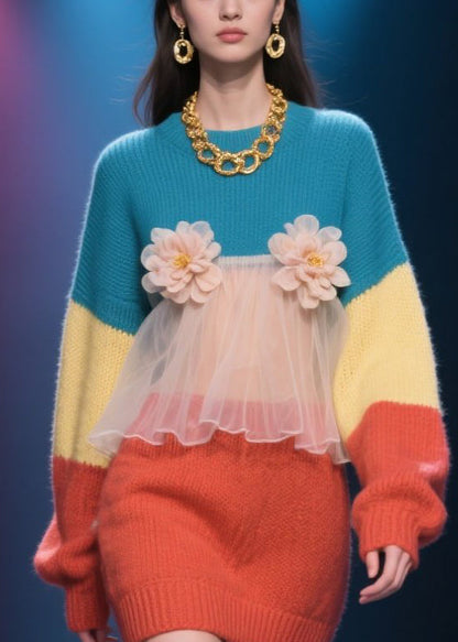 Loose Colorblock O Neck Tulle Knit Sweater Dress Winter