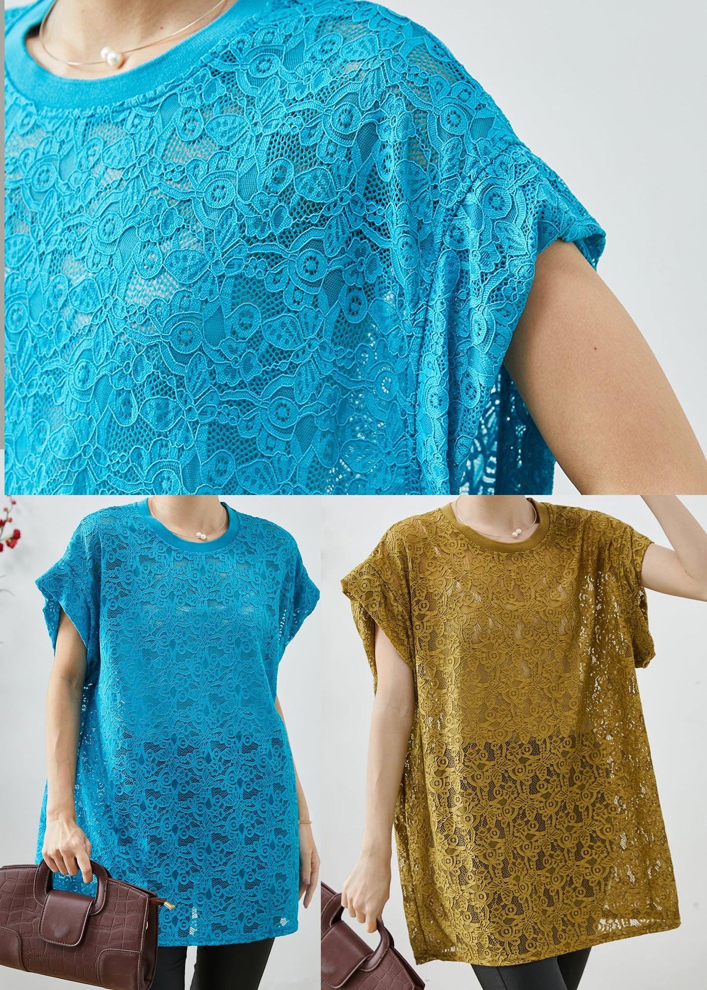Blue Oversized Hollow Out Lace Tanks Summer