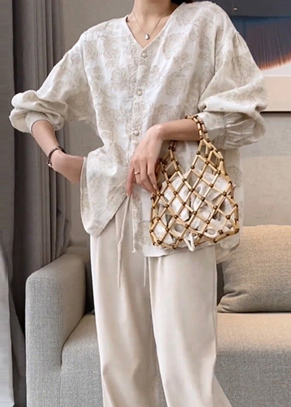 Apricot V Neck Jacquard Button Cotton Shirts Spring