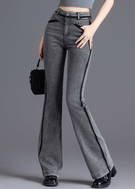 Grey Silm Fit Patchwork Denim Bell-bottom Trousers Spring
