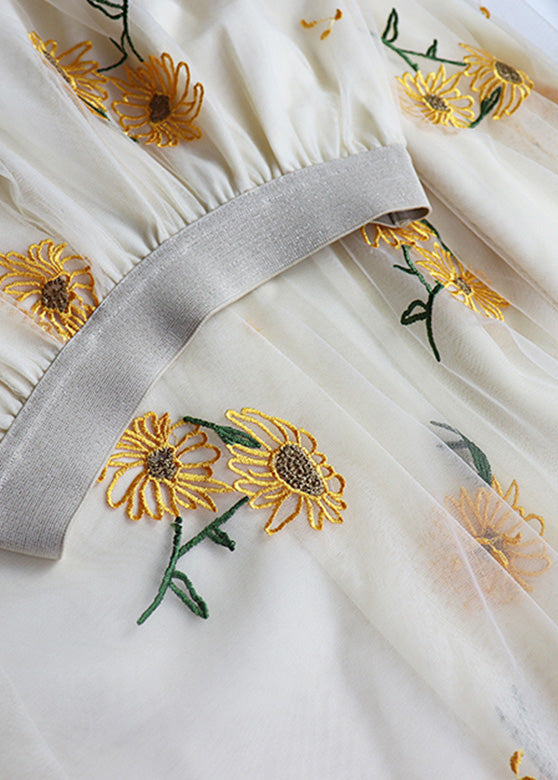 Apricot Embroideried High Waist Tulle Maxi Skirt Spring