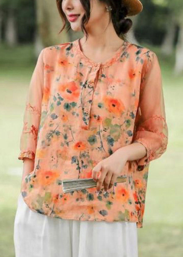 Orange Embroideried Patchwork Print Linen Shirt Top Half Sleeve