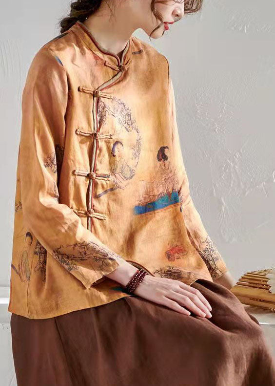Chocolate O-neck Button Print Tops Long Sleeve Spring