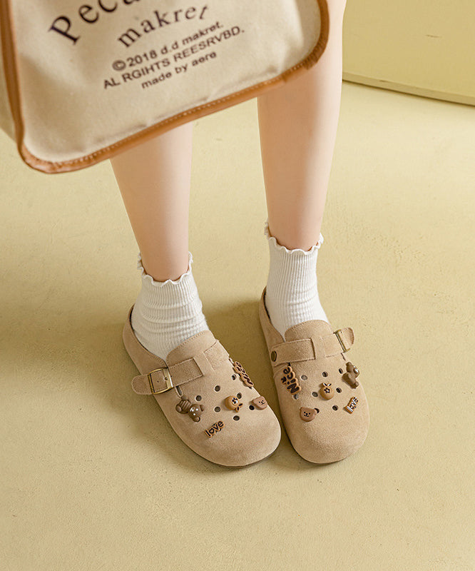 Apricot Suede Splicing Hollow Out Slide Sandals