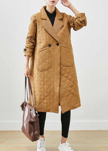 Khaki Notched Plaid Pockets Cotton Coats Fall