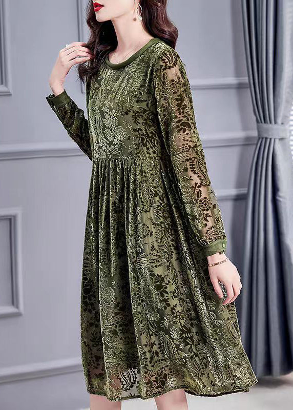 Jacquard Army Green O-neck Lace Up Silk Velour Dress Long Sleeve