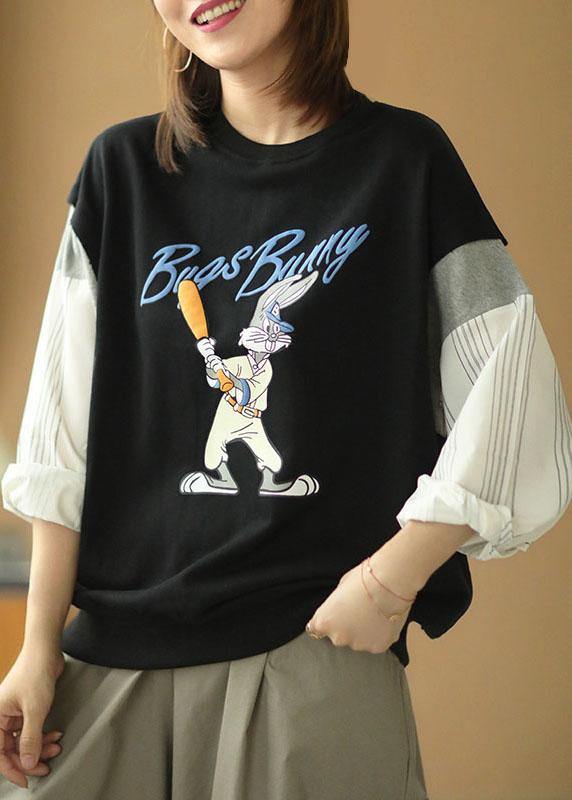 Modern Black O-neck Print Patchwork Fall Loose Sweatshirts Top
