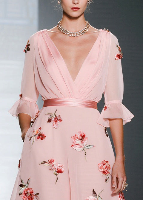Handmade Pink V Neck Chiffon Party Dresses Flare Sleeve
