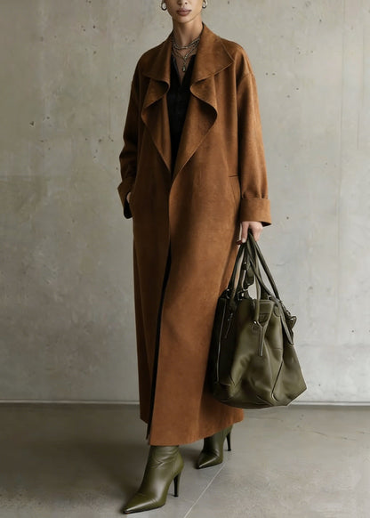 Stylish Brown Peter Pan Collar Pockets Faux Suede Long Coat Spring