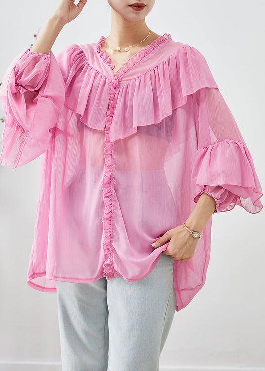 Pink Oversized Patchwork Ruffles Chiffon Top Fall