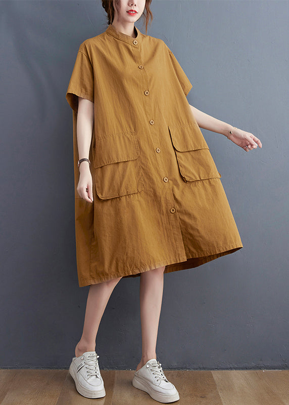 Loose Yellow Stand Collar Button Pockets Dress Short Sleeve