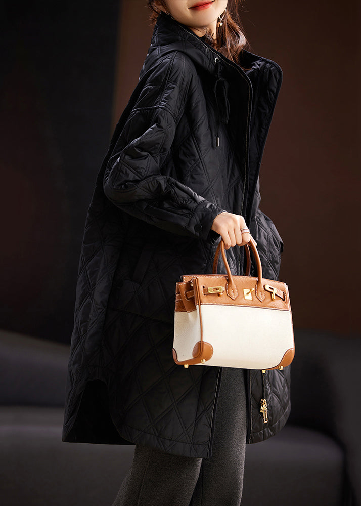 Black Hooded Zippered Pockets Cotton Filled Coats Spring