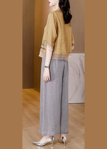 Yellow Embroideried Patchwork Linen Two Pieces Set Summer