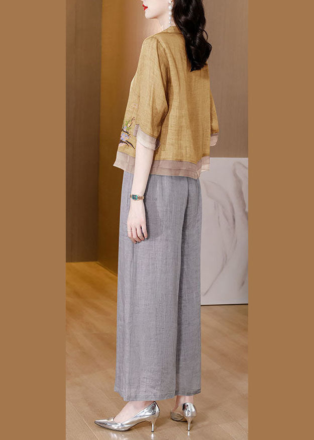 Yellow Embroideried Patchwork Linen Two Pieces Set Summer