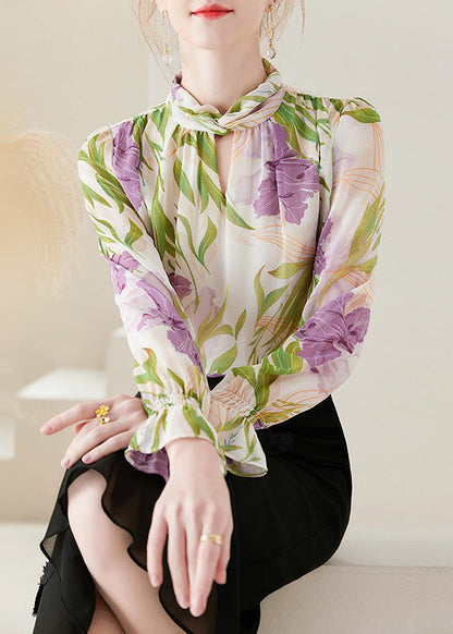 Apricot Print Patchwork Chiffon Blouses Flare Sleeve