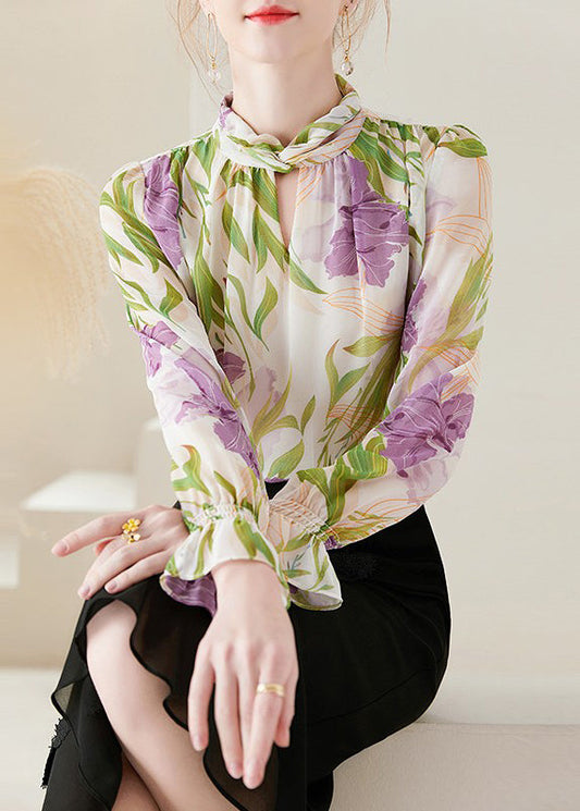 Apricot Print Patchwork Chiffon Blouses Flare Sleeve