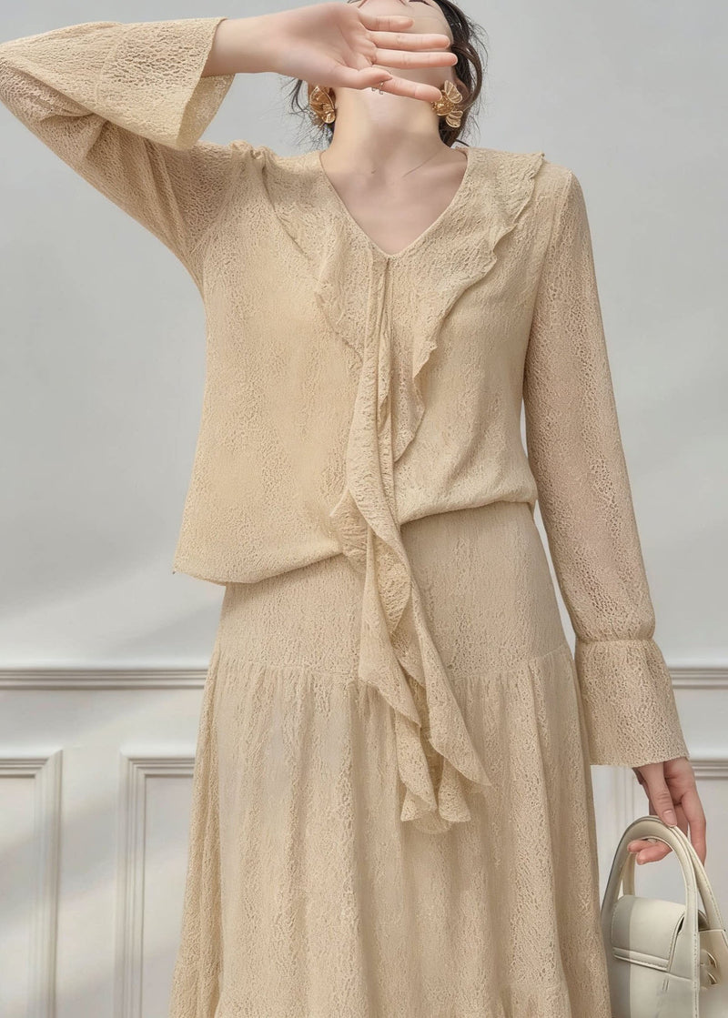 Fine Ruffled Top and Skirts Cotton Two Pieces Set Spring