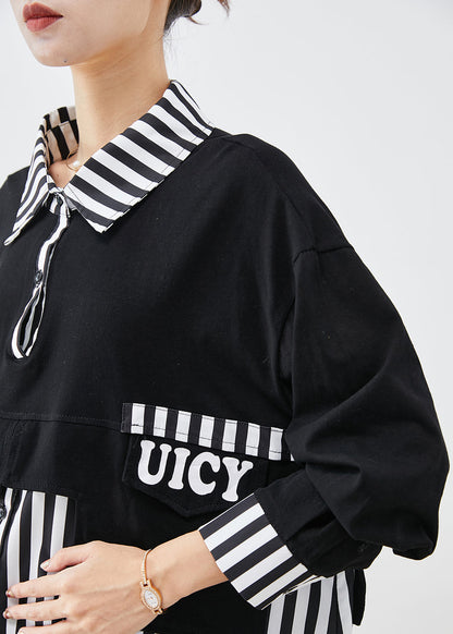 Black Oversized Patchwork Striped Cotton Sweatshirts Top Fall