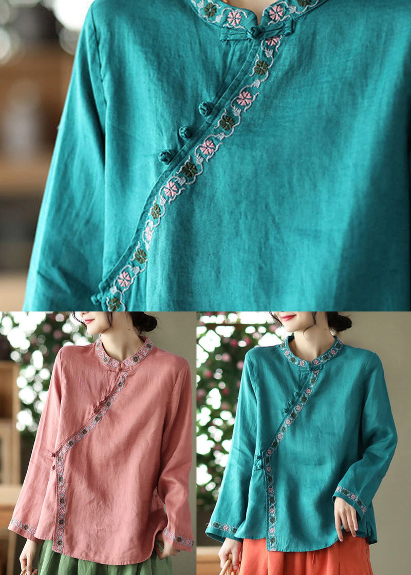 Watermelon Red Embroideried Linen Shirt Long Sleeve