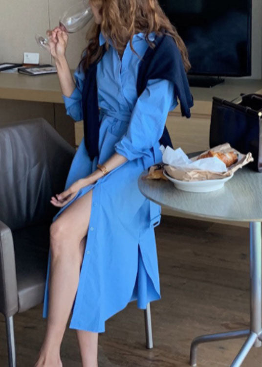 Modern Blue Tie Waist Side Open Cotton Dress Spring