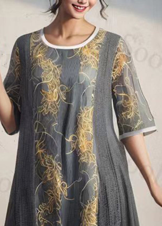 Classy Grey Green Print Patchwork Silk Maxi Dresses Short Sleeve