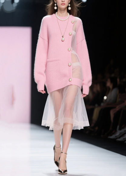 Pink Patchwork Tulle Pearl Knitted Dress Fall