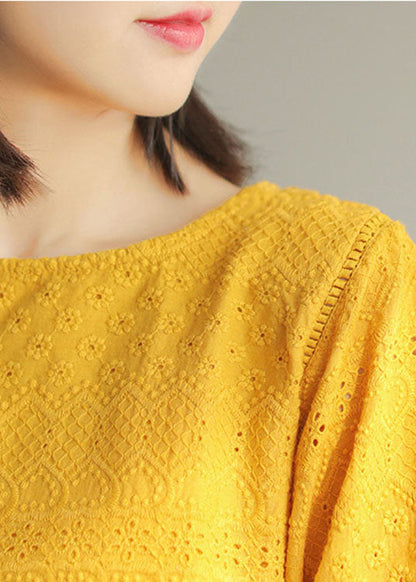 Diy Yellow Hollow Out Embroideried Fall Long Sleeve Tops