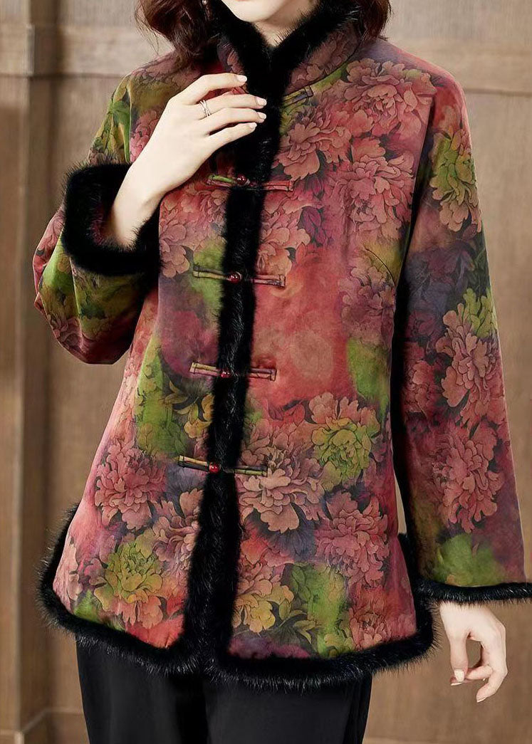 Red Print Pockets Mink Hair Patchwork Fine Cotton Filled Coats Winter