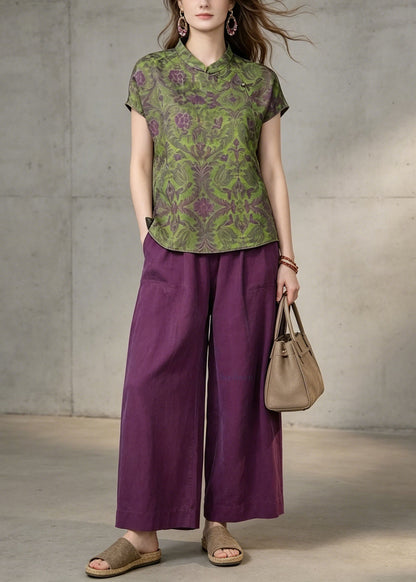 Green Print Top and Purple Pants Cotton Two Pieces Set Summer