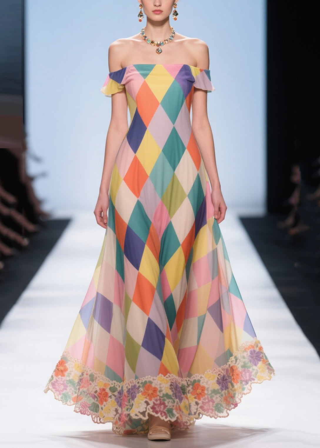 Stylish Rainbow Cold Shoulder Plaid Chiffon Sundress Summer