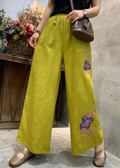 Yellow Embroideried Linen Wide Leg Pants Summer