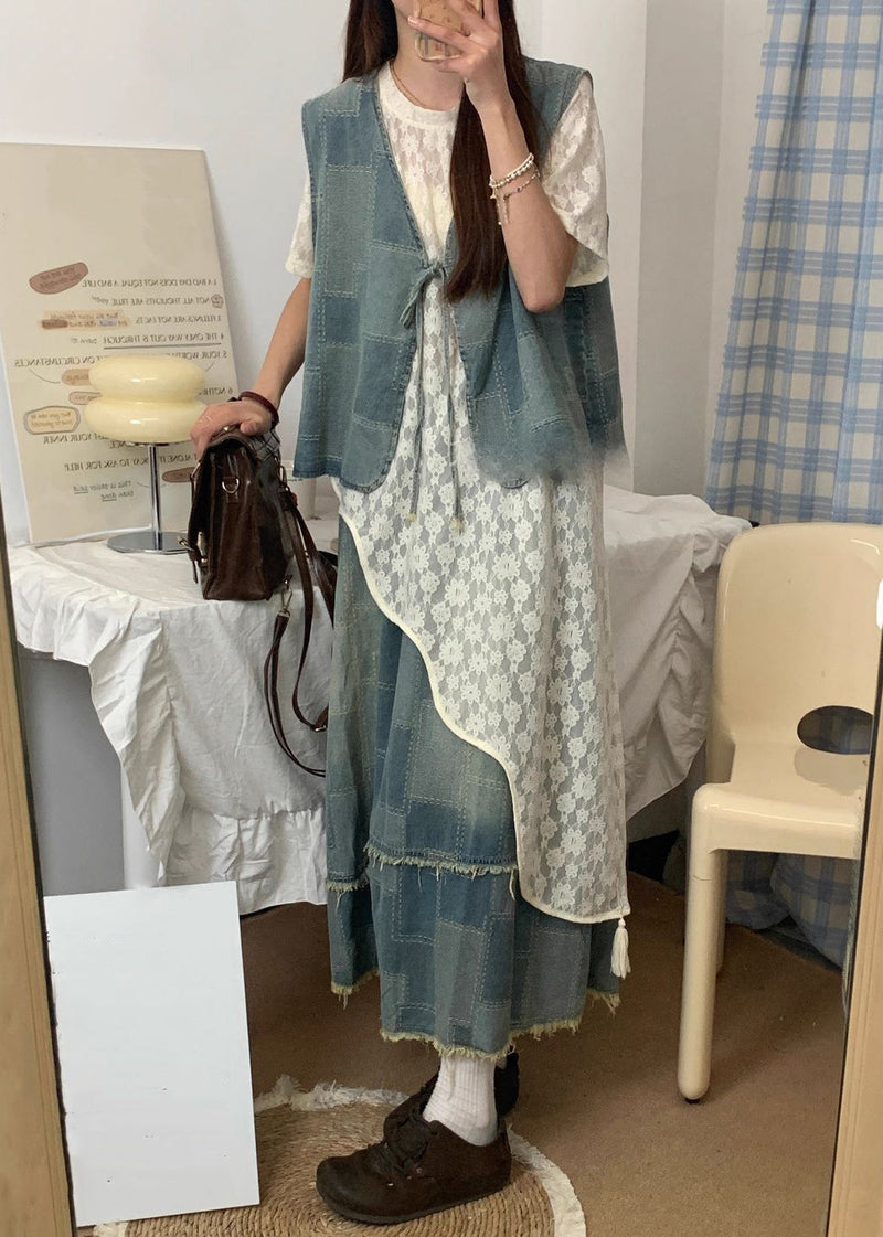 Blue Asymmetrical Lace Up Denim Three Piece Set Summer