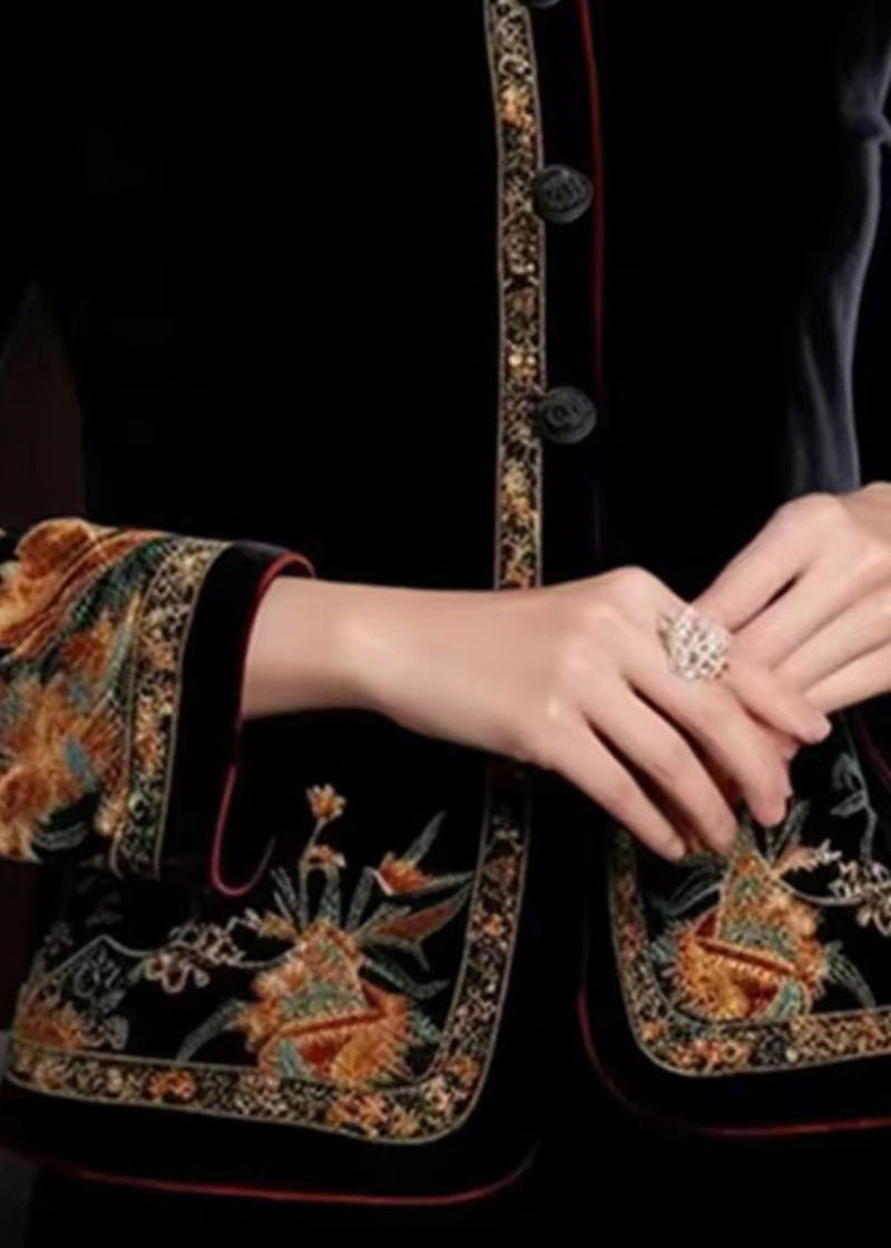 Black Print Button Silk Coats Long Sleeve