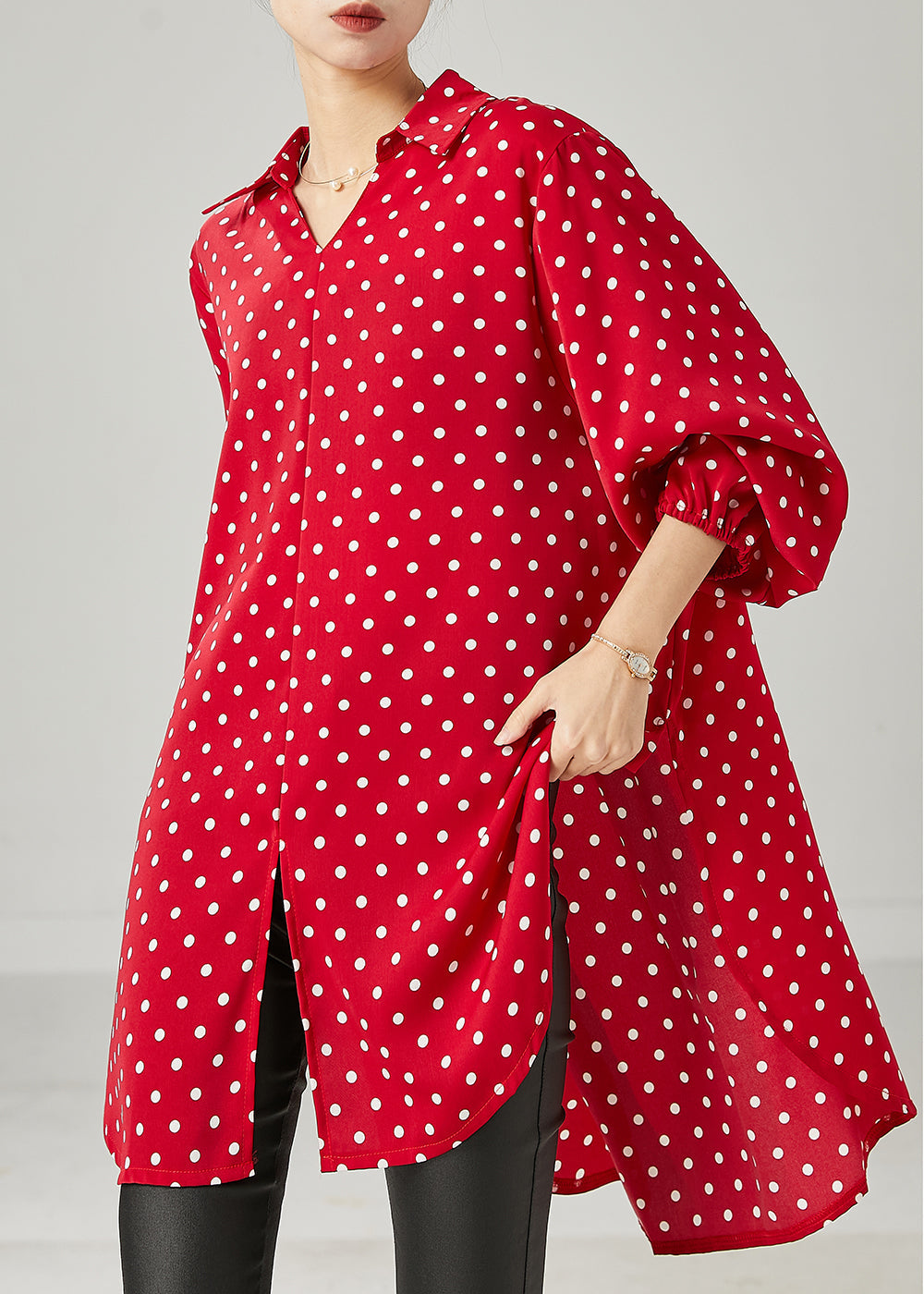 Red Oversized Dot Chiffon Shirt Top Spring
