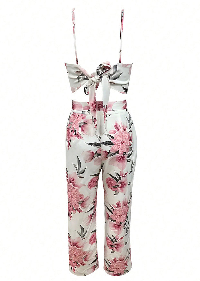 Slim Fit Pink Print Lace Up Tank and Pants Cotton Two Pieces Set Sleeveless